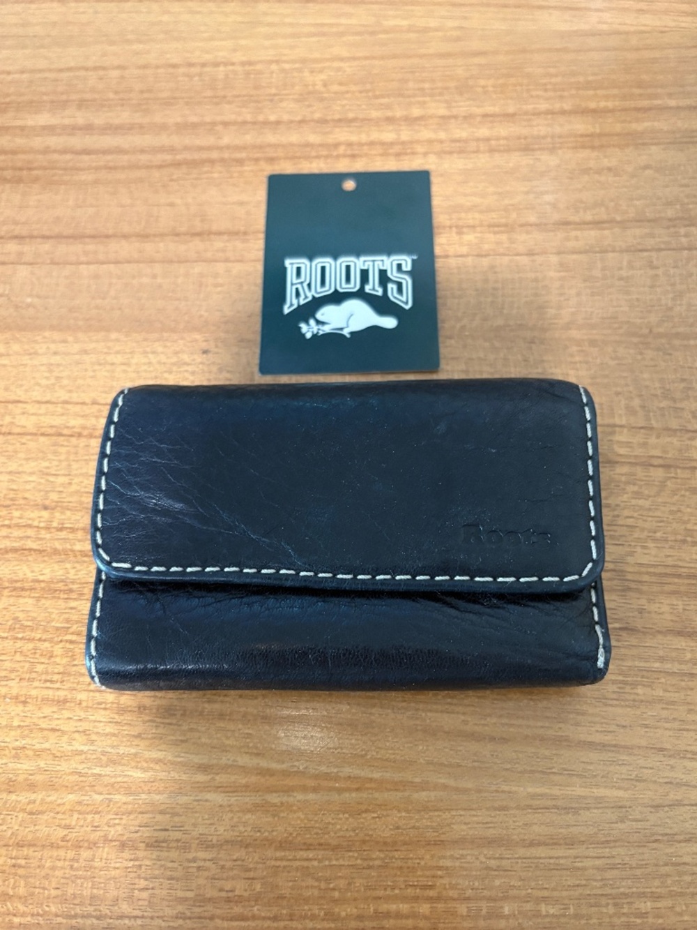 Roots Black Genuine Leather Trifold Key Wallet Card Holder Case Vintage Contrast